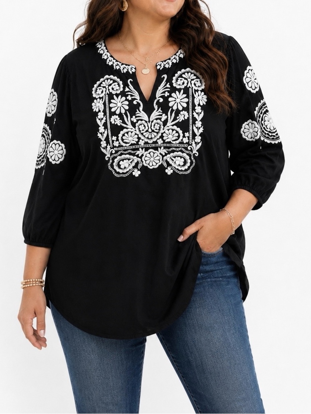 Soft Surroundings‎ 1X Black White Embroidered Cotton Boho Peasant Tunic Top